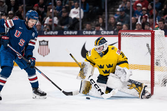 Teddy Stiga of USA and goaltender Love Härenstam of Sweden