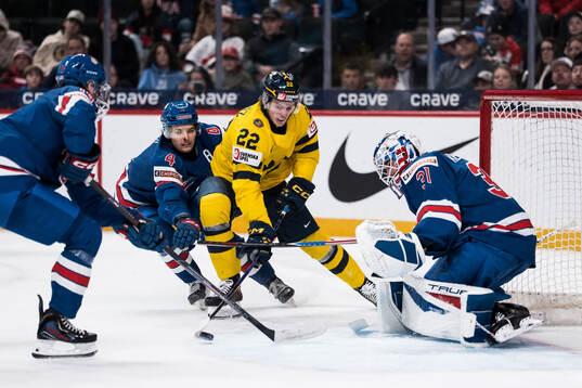 Teddy Stiga of USA and Loke Krantz of Sweden and goaltender