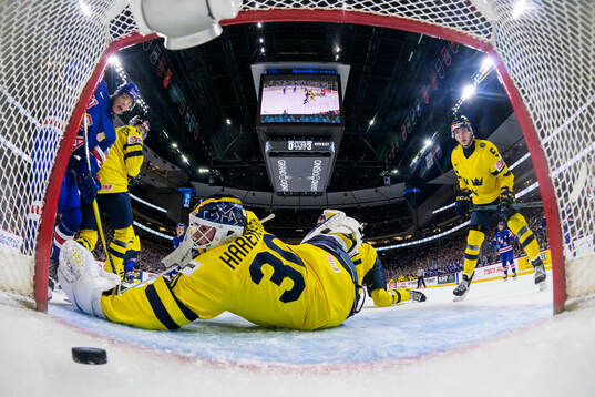 Goaltender Love Härenstam of Sweden lets in the 1-3 goal