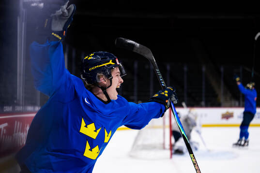 Victor Johansson of Sweden celebrates at a practice session