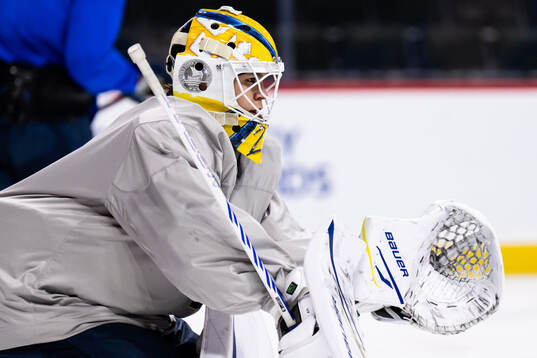 Goaltender Herman Liv of Sweden at a practice session