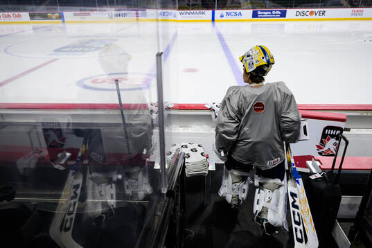 Goaltender Herman Liv of Sweden at a practice session