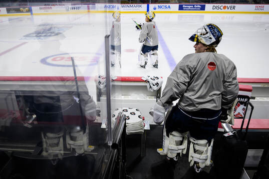Goaltender Love Härenstam of Sweden at a practice session