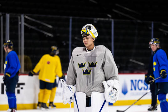 Goaltender Herman Liv of Sweden at a practice session