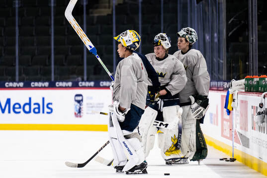 Goaltenders Herman Liv, Love Härenstam and Måns Goos of