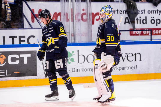 HV71s Axel Rindell och målvakt Lassi Lehtinen deppar