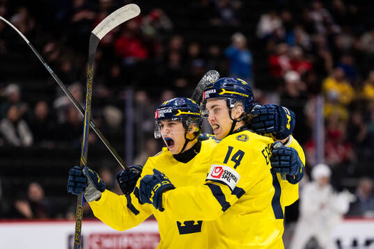 Victor Eklund and Linus Eriksson of Sweden celebrate the