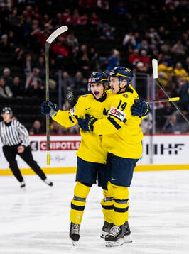 Victor Eklund and Linus Eriksson of Sweden celebrate the