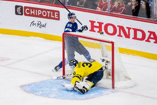 Emil Hemming of Finland and goaltender Love Härenstam of