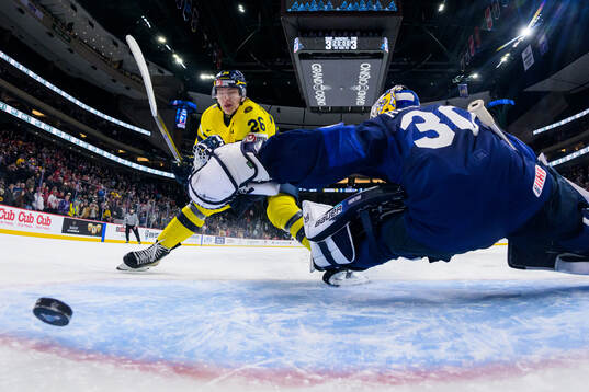Jack Berglund of Sweden scores a goal in penalty shoot-out