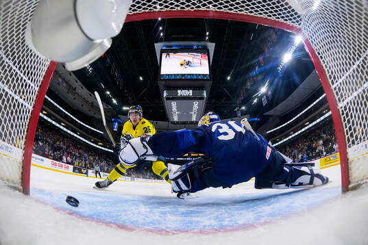 Jack Berglund of Sweden scores a goal in penalty shoot-out