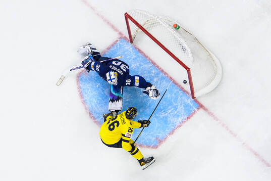 Jack Berglund of Sweden scores a goal in penalty shoot-out