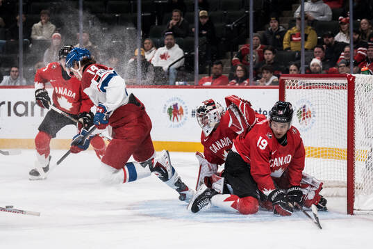 Vaclav Nestrasil of Czech Republic and goaltender Jack
