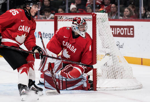 Caleb Desnoyers and goaltender Jack Ivankovic of Canada
