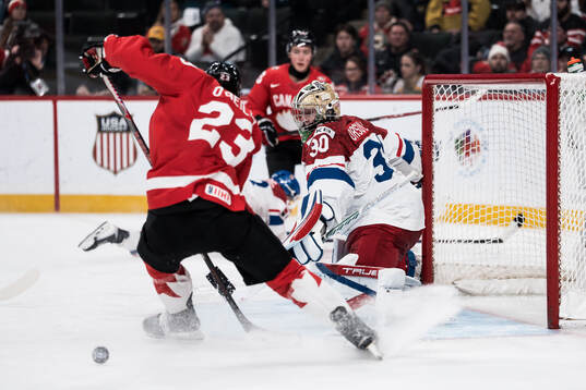 Sam O'Reilly of Canada and goaltender Michal Orsulak of