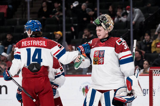 Vaclav Nestrasil and goaltender Michal Orsulak of Czech