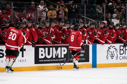 Keaton Verhoeff and Braeden Cootes of Canada celebrates