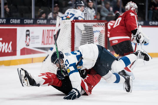 Matias Vanhanen of Finland and Cameron Reid of Canada