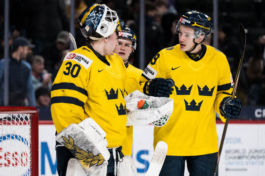 Goaltender Love Härenstam and William Håkansson of Sweden