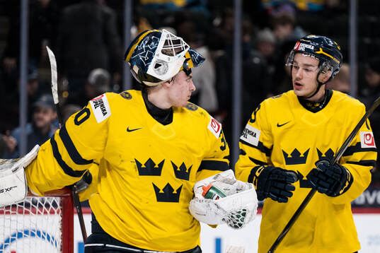 Goaltender Love Härenstam and William Håkansson of Sweden