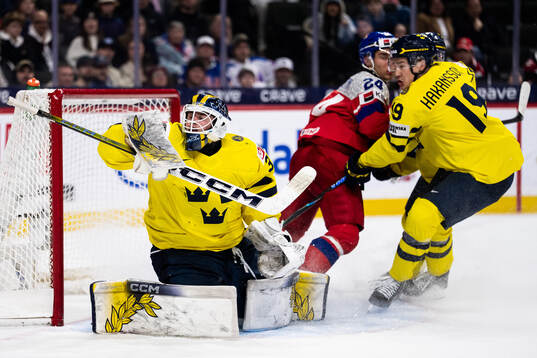 Goaltender Love Härenstam and William Håkansson of Sweden