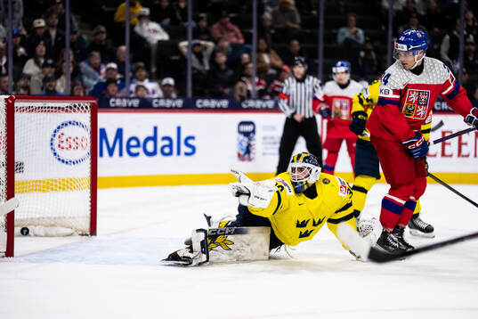 Goaltender Love Härenstam of Sweden let’s in 3-1 by Adam