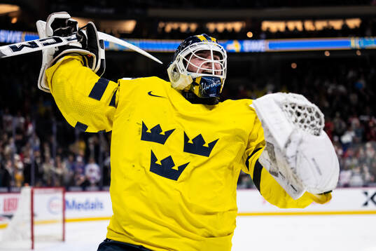Goaltender Love Härenstam of Sweden celebrates