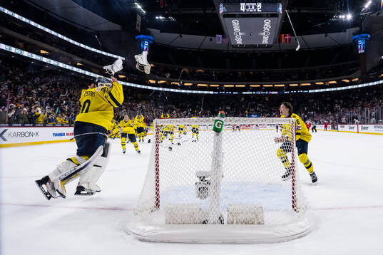 Goaltender Love Härenstam and Sascha Boumedienne of Sweden