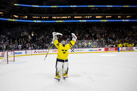 Goaltender Love Härenstam of Sweden celebrates