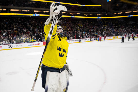 Goaltender Love Härenstam of Sweden celebrates