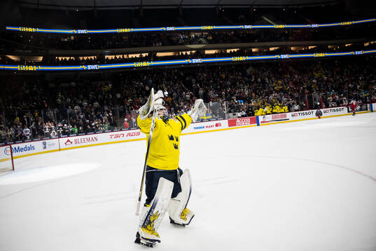 Goaltender Love Härenstam of Sweden celebrates