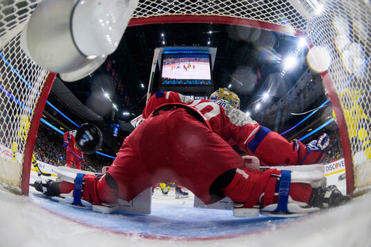 Goaltender Michal Orsulak of Czech Republic lets in the 2-0