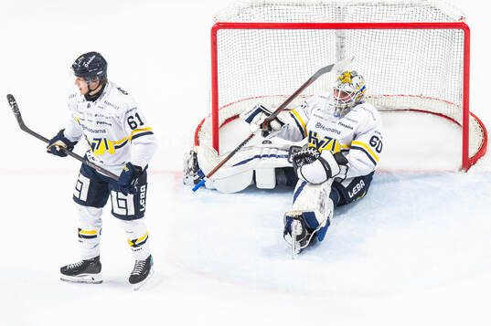 HV71s Axel Rindell och målvakt Felix Sandström deppar