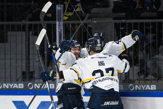 HV71s Hugo Fransson och Jonathan Ang jublar