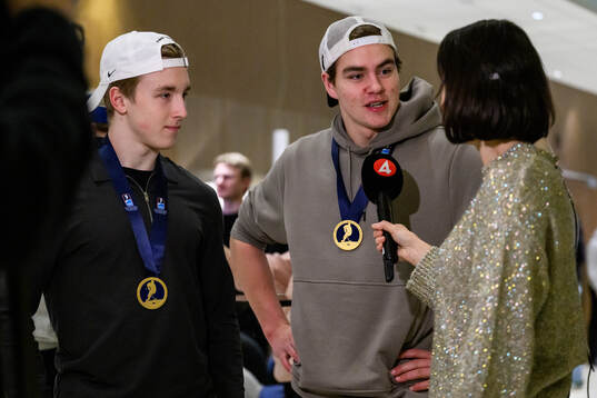 Viggo Björck and Anton Frondell of Sweden speak to media