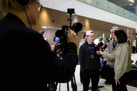 Viggo Björck and Anton Frondell of Sweden speak to media