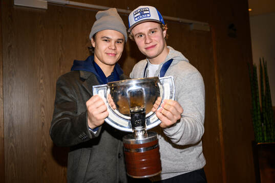 goaltender Herman Liv and Alfons Freij of Sweden pose for a