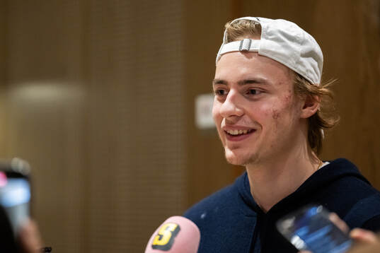 Goaltender Love Härenstam of Sweden is interviewed as he