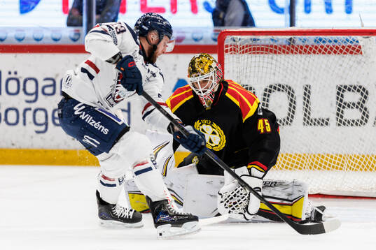 Linköpings Robin Kovacs och Brynäs målvakt Damian Clara