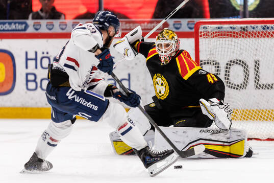 Linköpings Robin Kovacs och Brynäs målvakt Damian Clara