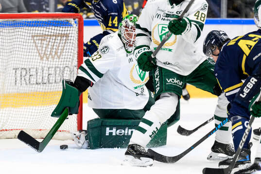 Färjestads målvakt Emil Larmi och HV71s Riley Woods
