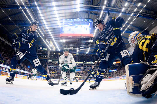 HV71s Lucas Lagerberg, Axel Rindell och målvakt Felix