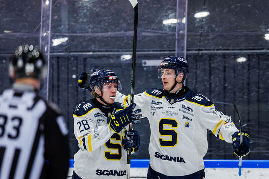 Södertäljes Adam Hesselvall och Carter Ashton jublar