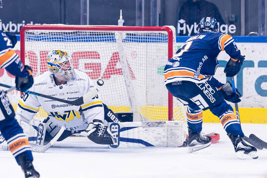 HV71s målvakt Felix Sandström när Växjös Felix Robert