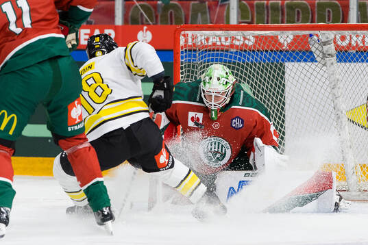 Anton Rödin of Brynäs and goaltender Lars Johansson of