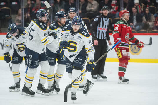 Södertäljes Roope Laavainen jublar med lagkamraterna