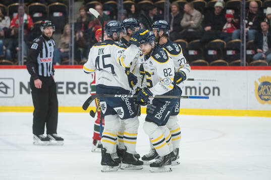 Södertäljes Roope Laavainen jublar med lagkamraterna