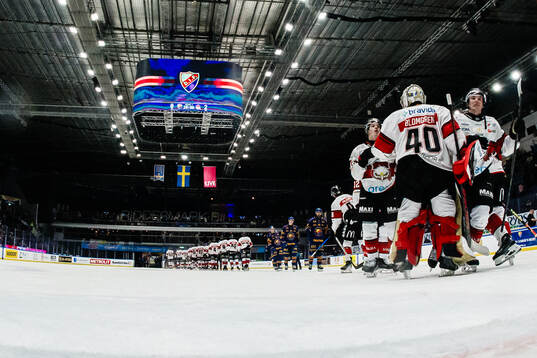 Malmö Redhawks målvakt Oskar Blomgren jublar med