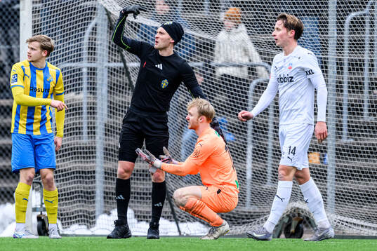 Domare Rasmus Eriksson och Eskilsminnes målvakt Hampus