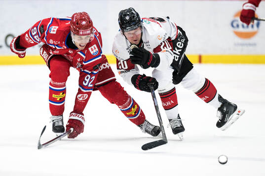 Timrås Anton Lundmark och Malmö Redhawks Thomas Berg